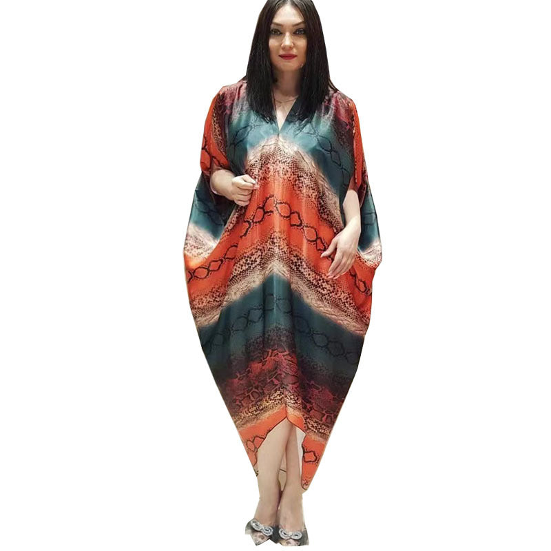 Faux silk printed loose fit plus size women's african style batwing sleeve maxi dress