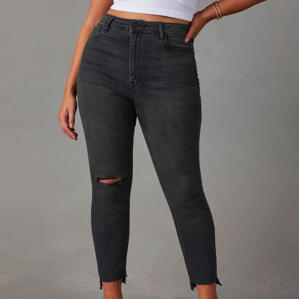 European and american stretch jeans for women,  new high-waisted, elegant, commuter-friendly skinny jeans, fashionable raw hem washed denim