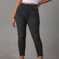 European and american stretch jeans for women,  new high-waisted, elegant, commuter-friendly skinny jeans, fashionable raw hem washed denim