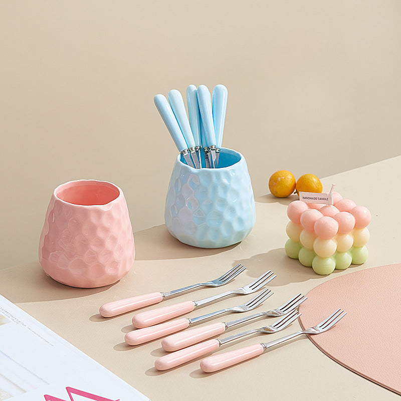 Minimalist style cross-border water cube fruit fork storage jar ceramic handle fruit fork hammered texture high-value jar set