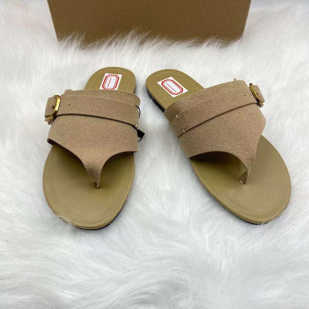 Za2025summer cross-border large metal hardware ring buckle slippers pure colorcasualeasiest for match round toe thick sole shoes