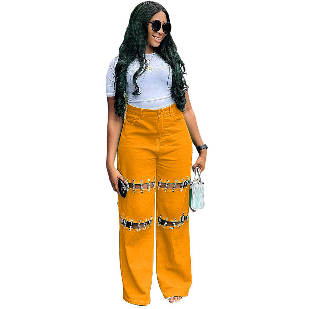 European and american style high-waisted jeans -  cross-border women's fashion chain detail, cutout design, straight-leg trousers