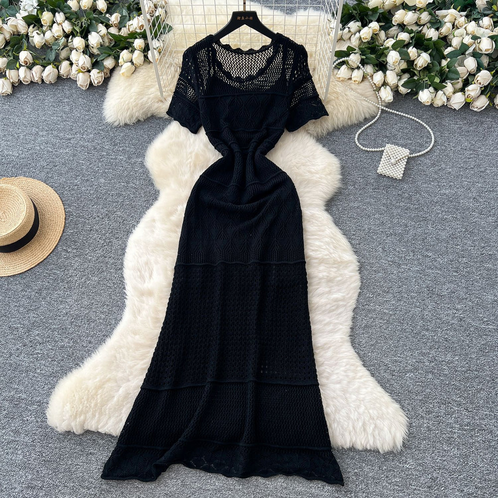 Gentle wind elegant round neck short-sleeved cut out crochet knittingdress women's summerfrench waist-reducing age-reducing sweater skirt