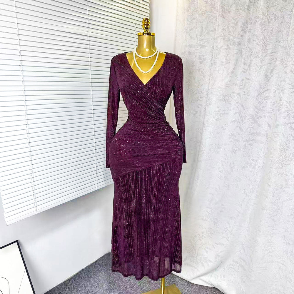 Exportautumnew arrivalsexy cross v necklong sleevesilm elastic mesh hot diamonddressfemaleelegance dress