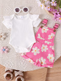Amazon spring new girls' baby outfit set: solid color short-sleeve top with printed overalls two-piece set