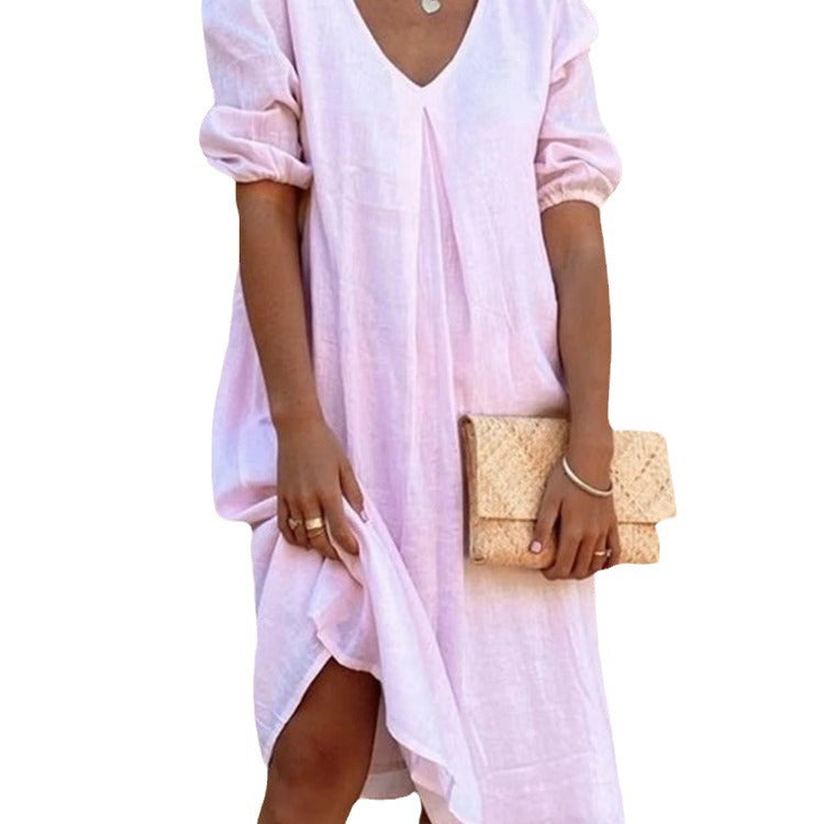 european and american cross-border   cotton linen solid color fashion mid-length long sleeve casual midi dress