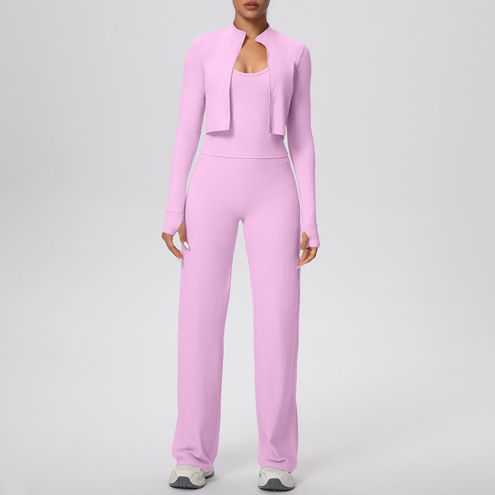 brushed tight drawstring halter vest wide-leg long three-piece set sports running fitness yoga suit