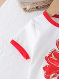 Kids clothing fashion children's clothing children's flower pattern white short-sleeved t-shirt red plaidpants