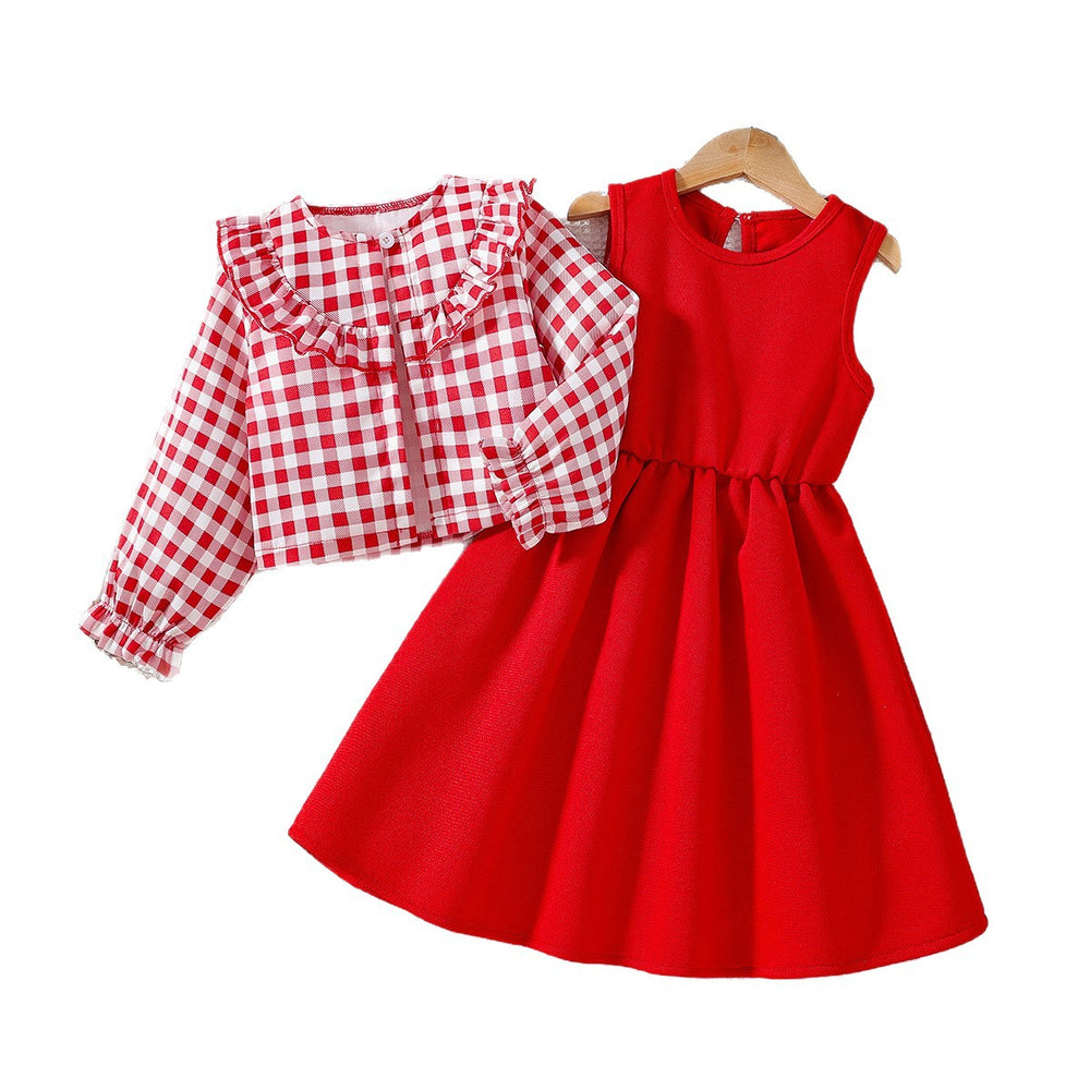girl suit skirt red vest long skirt plaid doll collar long sleeves outer wear kidstwo-piece set children's skirt
