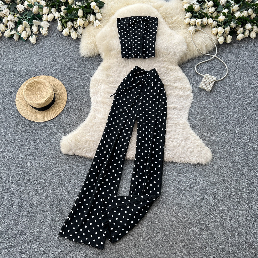 Lazy style strappy tube top vest high waist polka dot pants women's summertwo-piece setwork clothingslimming lookeleganteasiest for matchsuit