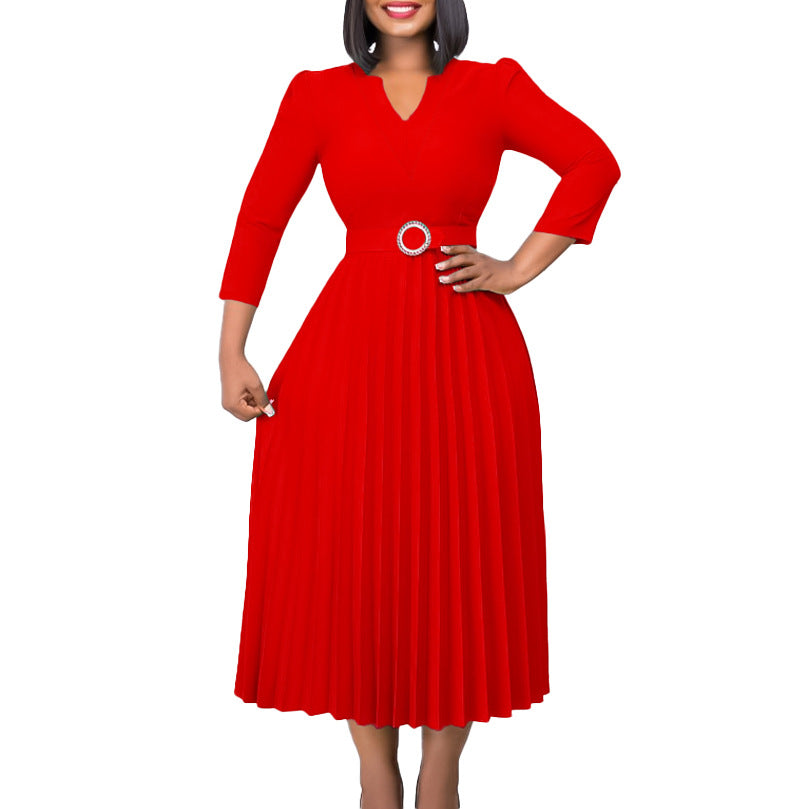 D426 independent station export women's clothing  autumn new v neck fashionelegantelegance pleated skirt fashiondress