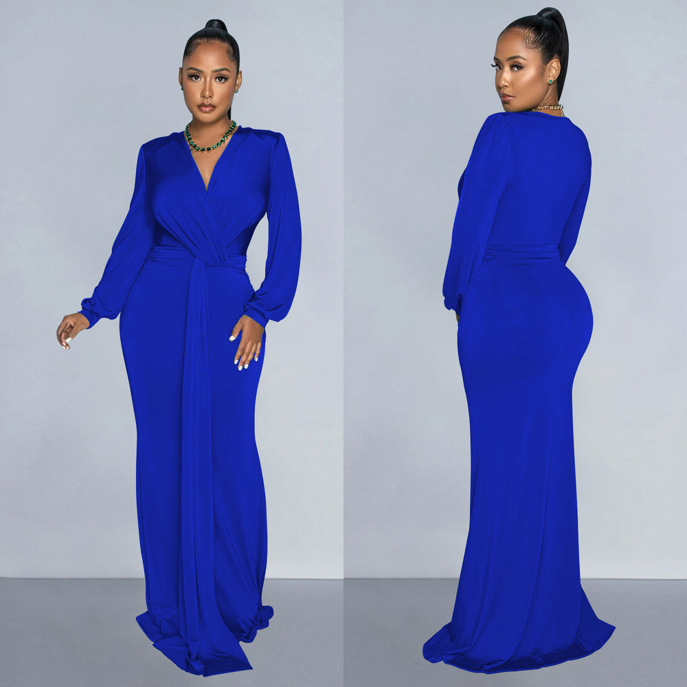 C6796 cross-border   fashion women's solid color sexy deep v ruched maxi dress