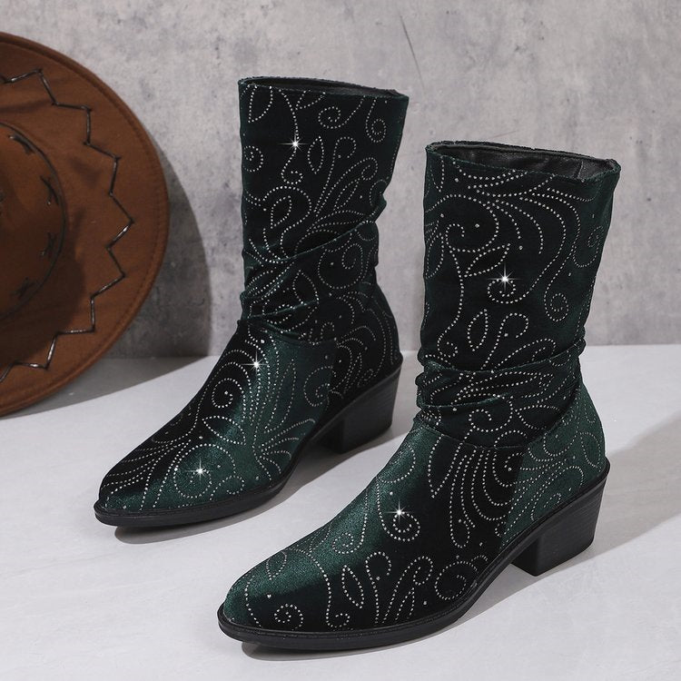 fall/winter new embroidered western cowboy boots for women - pointed toe, chunky heel, mid-calf boots, plus size women's boots, wholesale for export