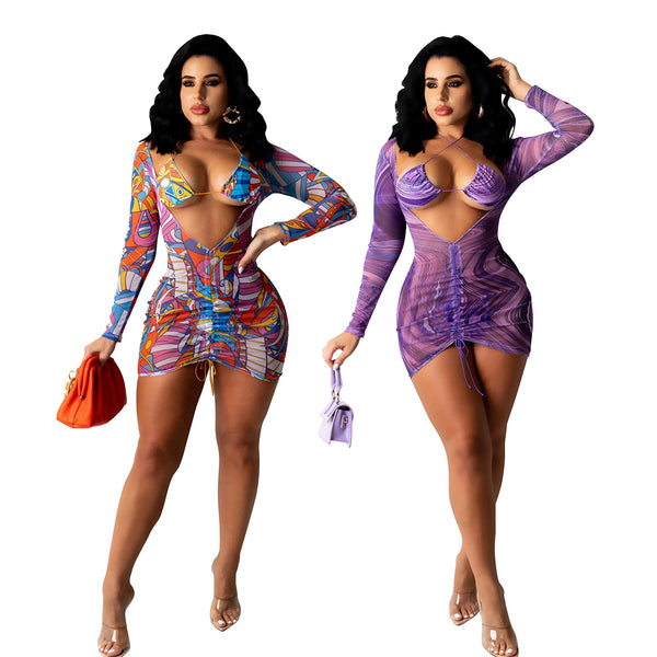 YZ1274 European and American  women's clothing   sexy fashion mesh printing bra drawstring dress