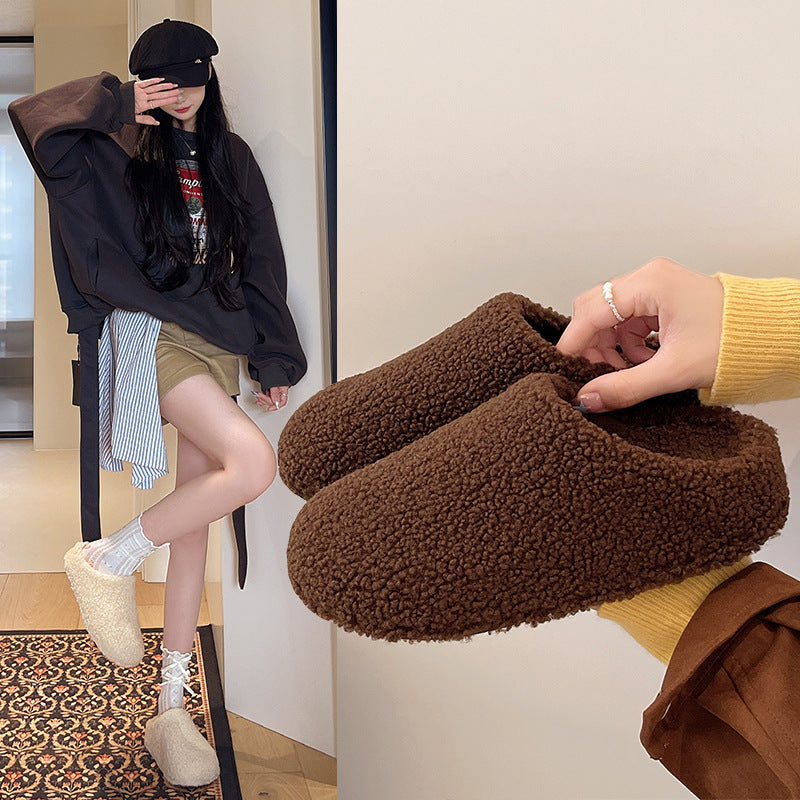 New arrival lambswool slippers for women outwearthick solepetitesheel toe kick plus fleece-linedheattechcouple cotton slippers