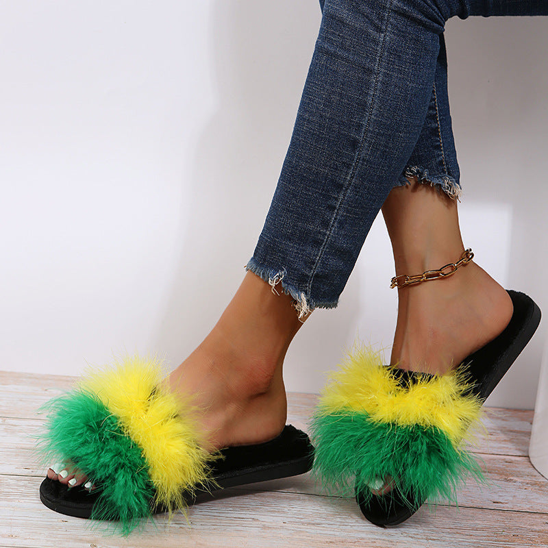 real feather turkey feather slippers one-piece slippers for women winter heattech flat heel ostrich feather slippers for women internet celebrity color matching slippers