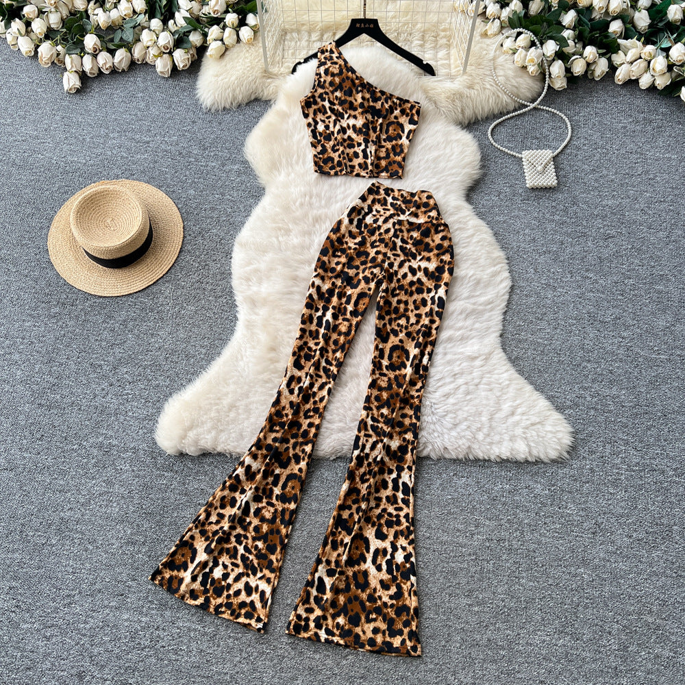 Fashion ins scheming sense of design sleeveless slanted shoulder short leopard print vest women's high waist hip-covering slightly flared pantssuit