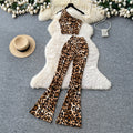 Fashion ins scheming sense of design sleeveless slanted shoulder short leopard print vest women's high waist hip-covering slightly flared pantssuit