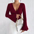 new  cross-border women's european and american v-neck flared sleeve burgundy t-shirt - spring/summer slim-fit base layer top