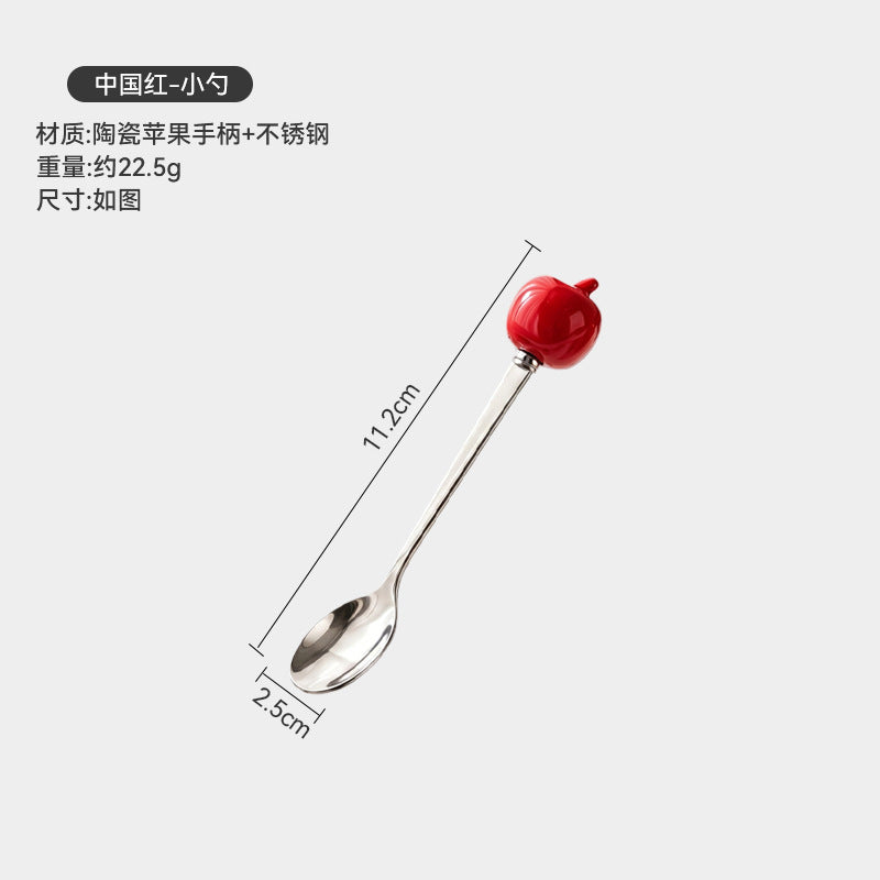 Colorful apple fork and spoon set - creative spoons with stainless steel and ceramic handles for fruit, coffee, cake, and desserts - wholesale