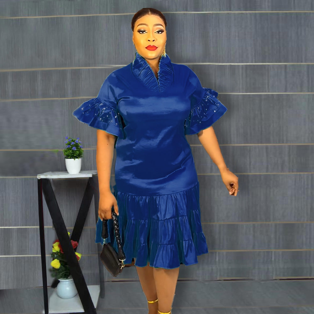 Aliexpress  new european and american cross-border trade african women's plus size five-sleeve pleated ruffle hem dress