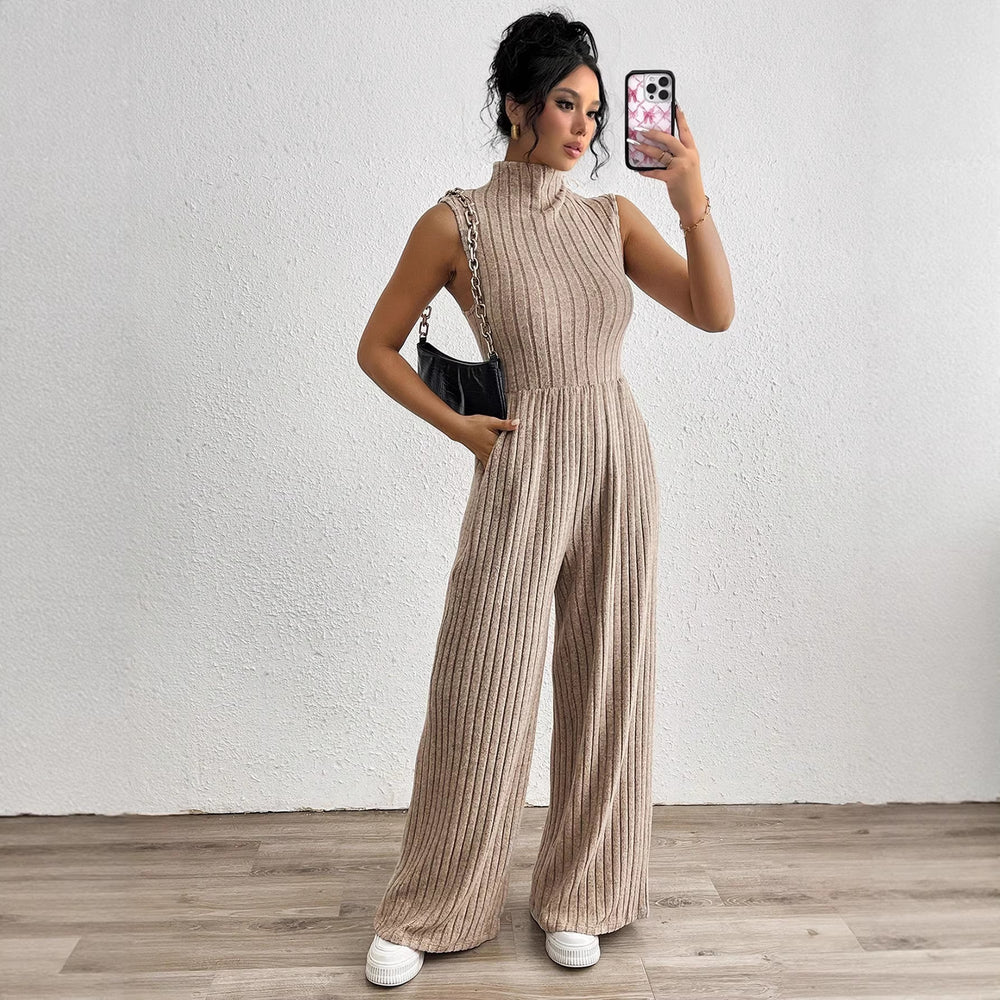 Amazon cross-border european and american women's wide-leg jumpsuit - stand collar, sleeveless, knitted, casual, stretch romper