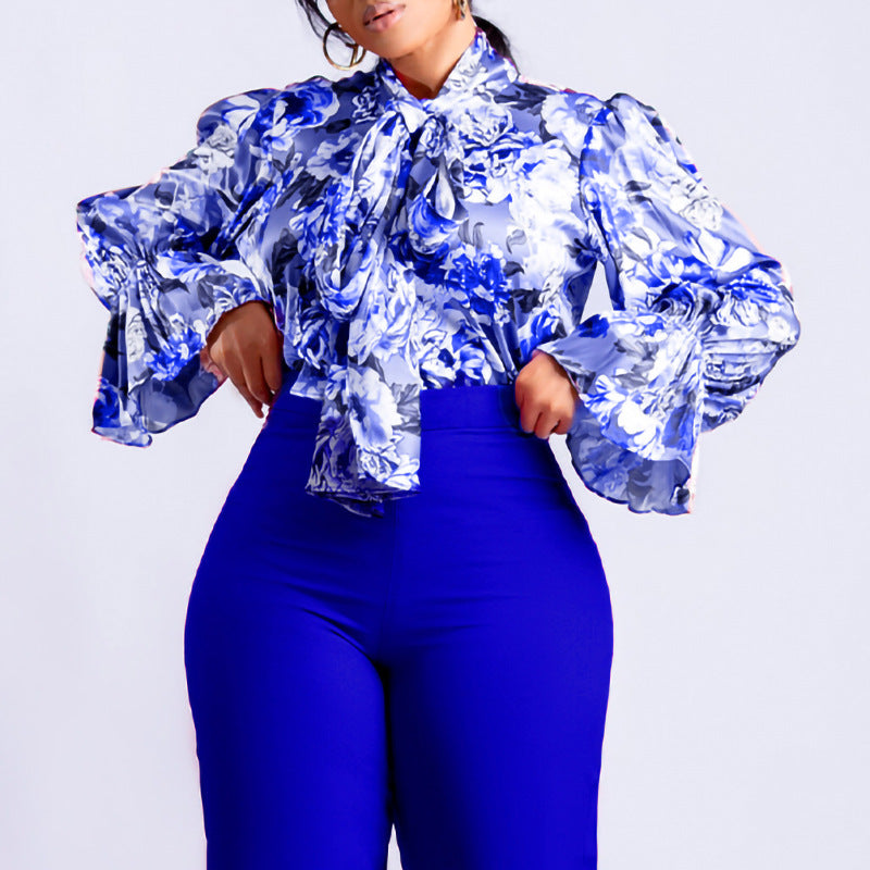 D342 european and american women's clothing  new fashionable elegant slimming printed tie-up shirt plus size african export blouse