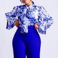 D342 european and american women's clothing  new fashionable elegant slimming printed tie-up shirt plus size african export blouse