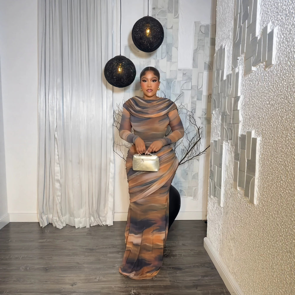 European and american cross-border chic women's clothing:  summer new arrival - long sleeve, drop shoulder, slim fit, cinched waist, pleated maxi dress