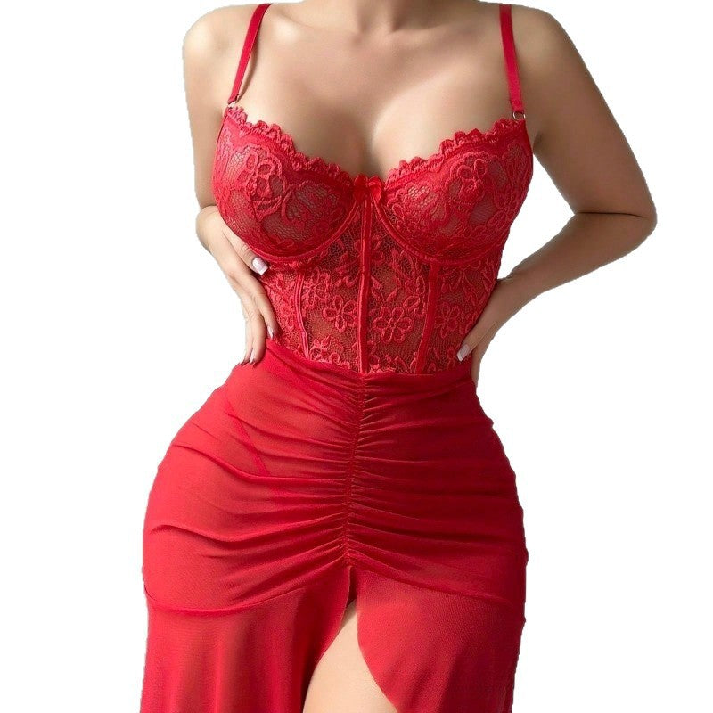 foreign trade sexy european and american lingerie see-through lace mesh seductive panties dress two-piece set for women