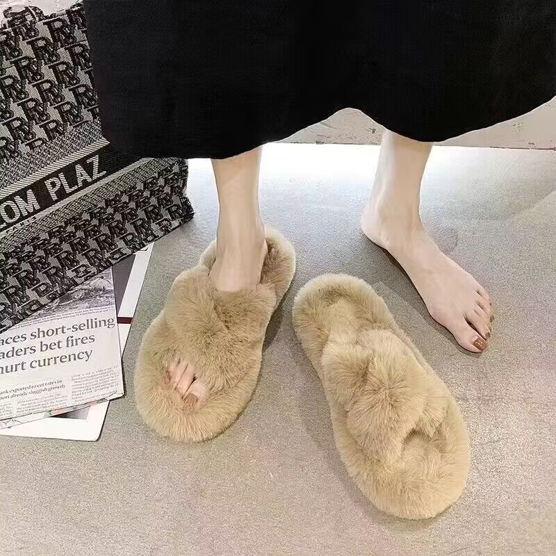 Thick sole cross strap furry slippers for women fall and winteroutwear2023new arrivalplatform shoesthick soleincrease soft bottomfor home cotton slippers