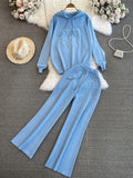 Fashionsuitfemalek-stylelooseknittinghoodedsweatshirttwo-piece setcasualhigh waistslimming lookstraight-legloose pants