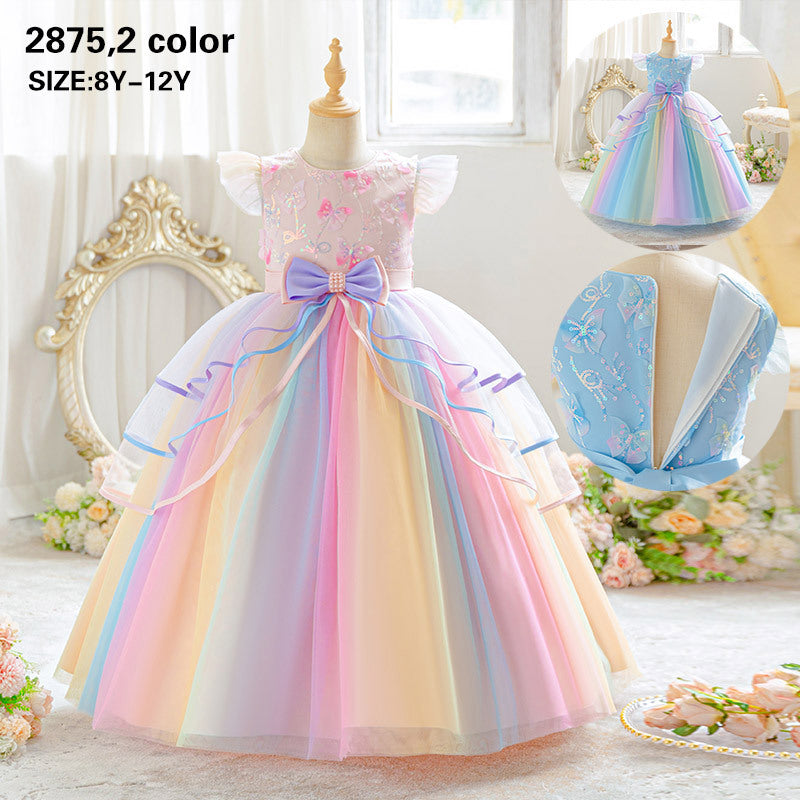 Export style girl dress colorful mesh gradient fashion tutu skirt kids princess skirt longin stock small flying sleeves