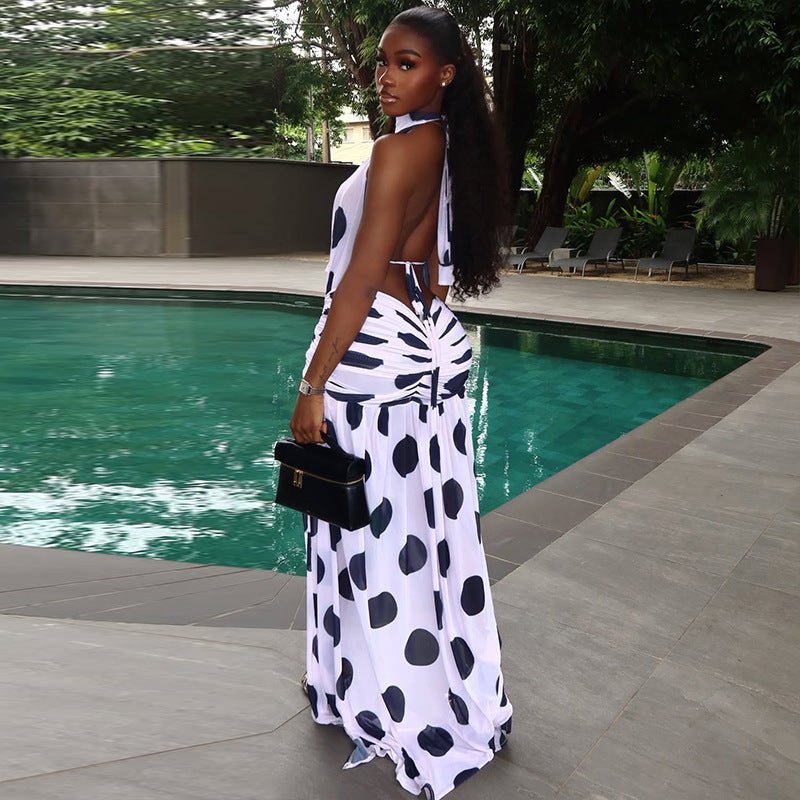 European and american style cross-border black and white polka dot women's slit print streetwear irregular high neck tie backless dress