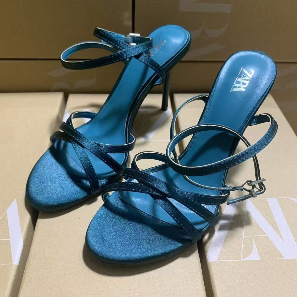 Za's 2025 new french-style women's high heels: pointed-toe, stiletto, criss-cross buckle, fashionable open-back sandals in peacock green