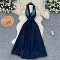 Cool and spicy halter denim dress - women's summer deep v sexy backless slit maxi dress - chic and stunning