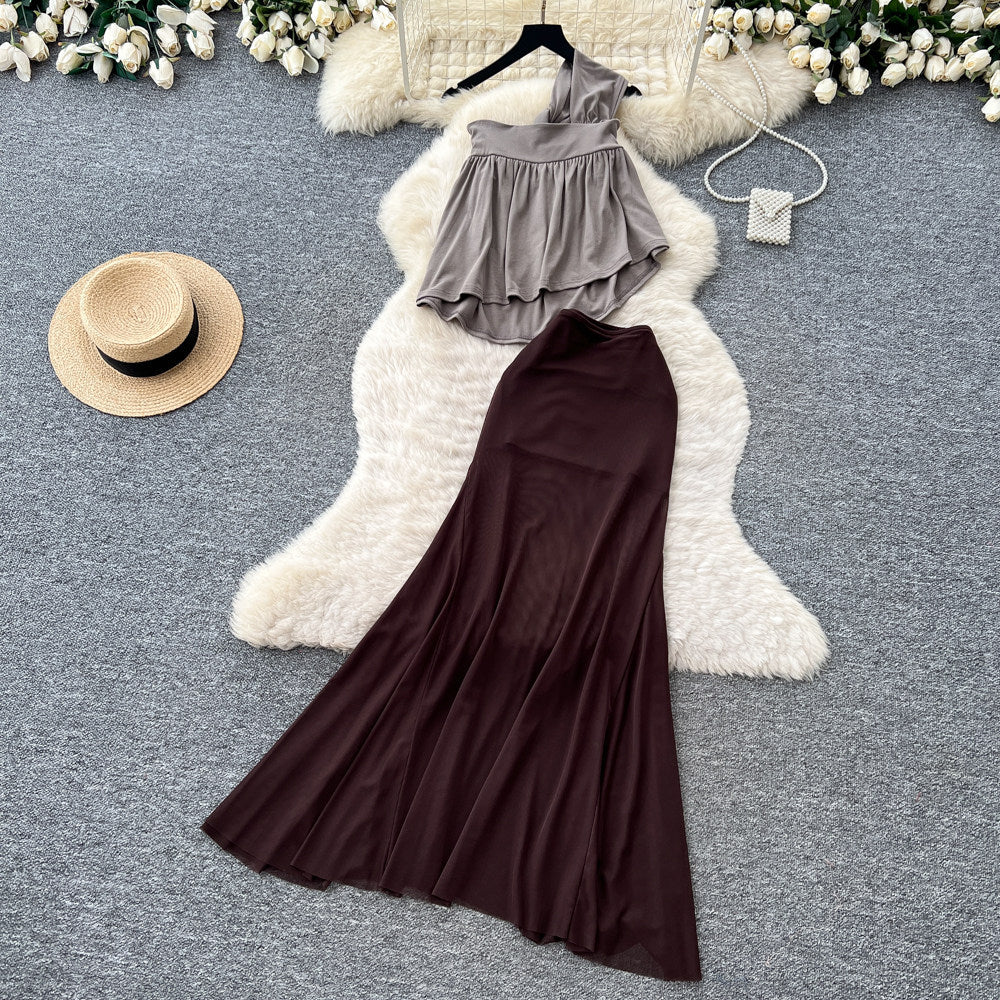 French chic halter neck one-shoulder sexy midi skirt two-piece set - women's summer slim-fit mesh fashionable elegant outfit