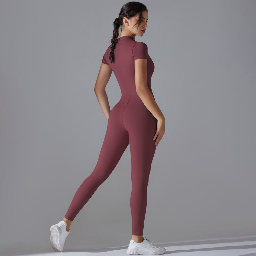 European and american nude feel zipper short sleeve yoga bodysuit - quick-dry, breathable, outdoor sports compression suit - fitness apparel