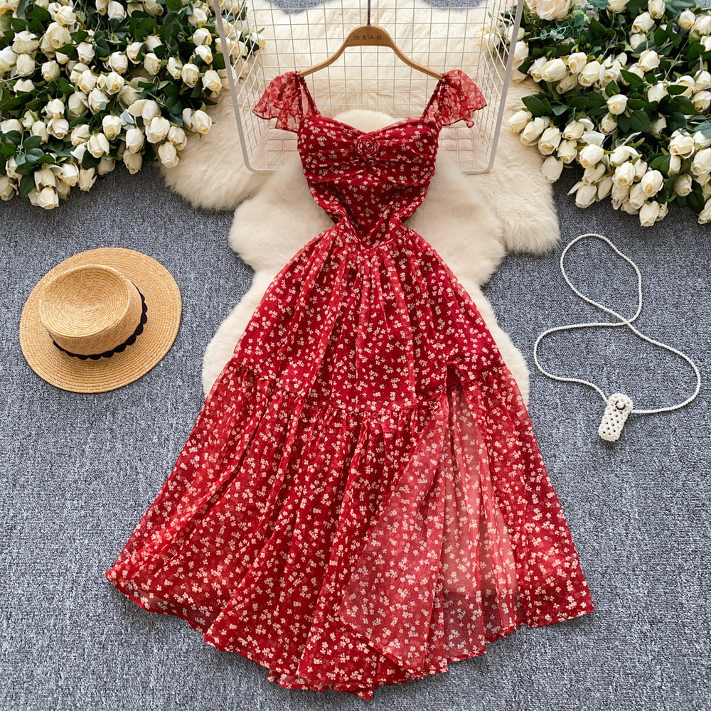 French sweet design hollow-out bow tie backless cinched waist floral dress - ethereal fairycore maxi dress
