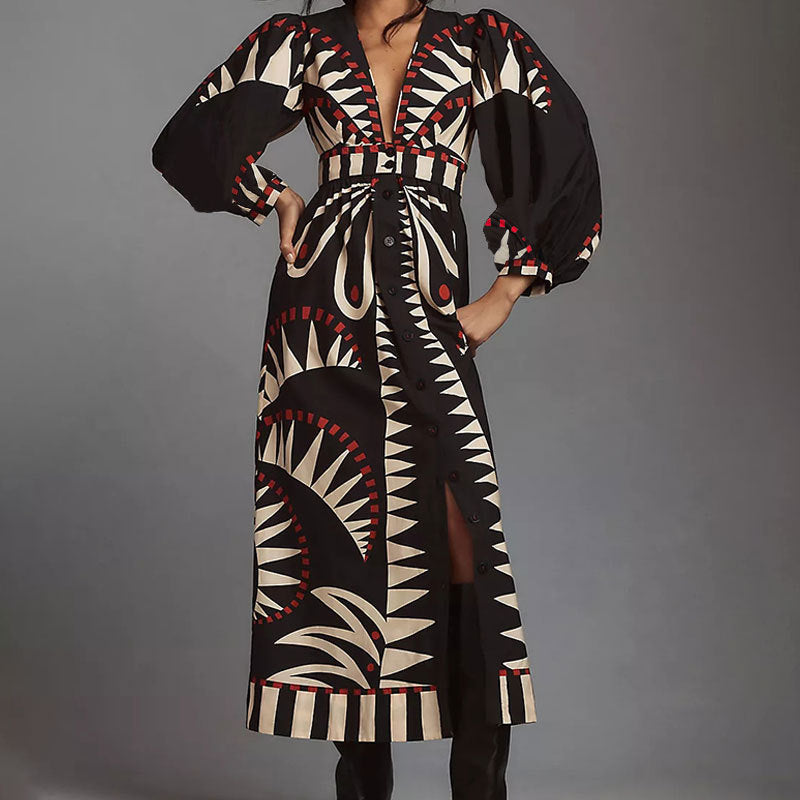 cross-border e-commerce european and american women's clothing: new summer collection - vintage-inspired printed lantern sleeve fashion v-neck dress