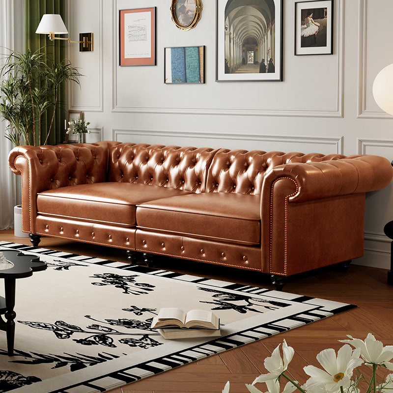 American retro sofa oil wax leather living room house hotel club medieval style straight black buckle sofa furniture
