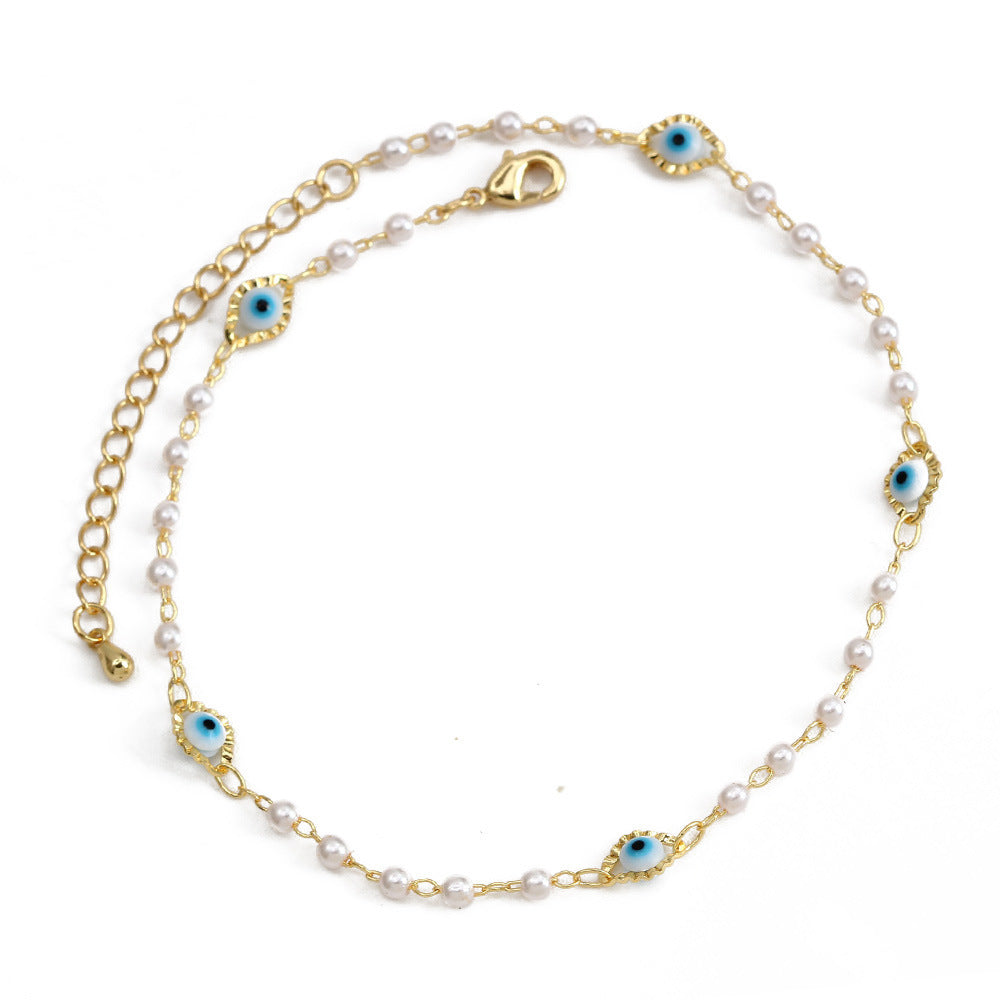 European and american cross-border new jewelry enamel eye pearl anklet - irregular fashion minimalist devil's eye anklet for women
