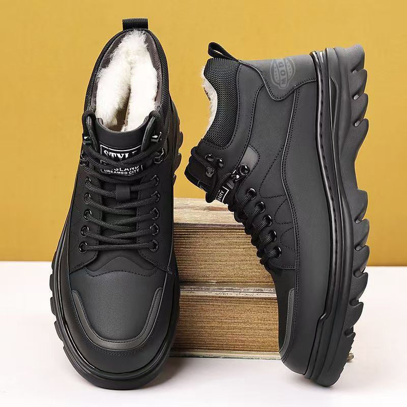 2025 winter men's high-top fleece-lined warm leather shoes, black korean style martin boots, thickened casual cotton shoes, dad shoes