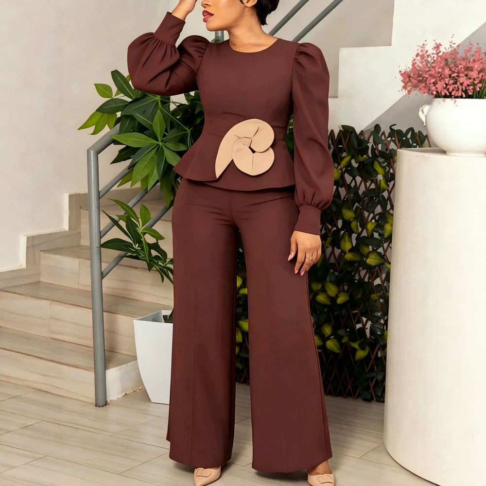 Autumnew arrival brown lantern sleeve jumpsuit lotus leaf hem stereo flower straight-leg jumpsuit jumpsuits