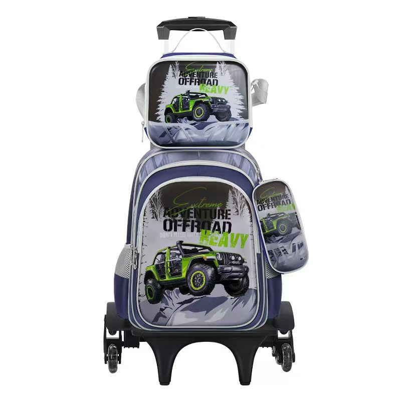 New 3d leather elementary school nylon fabric three-piece set kids' trolley backpack foreign trade lunch bag factory in stock