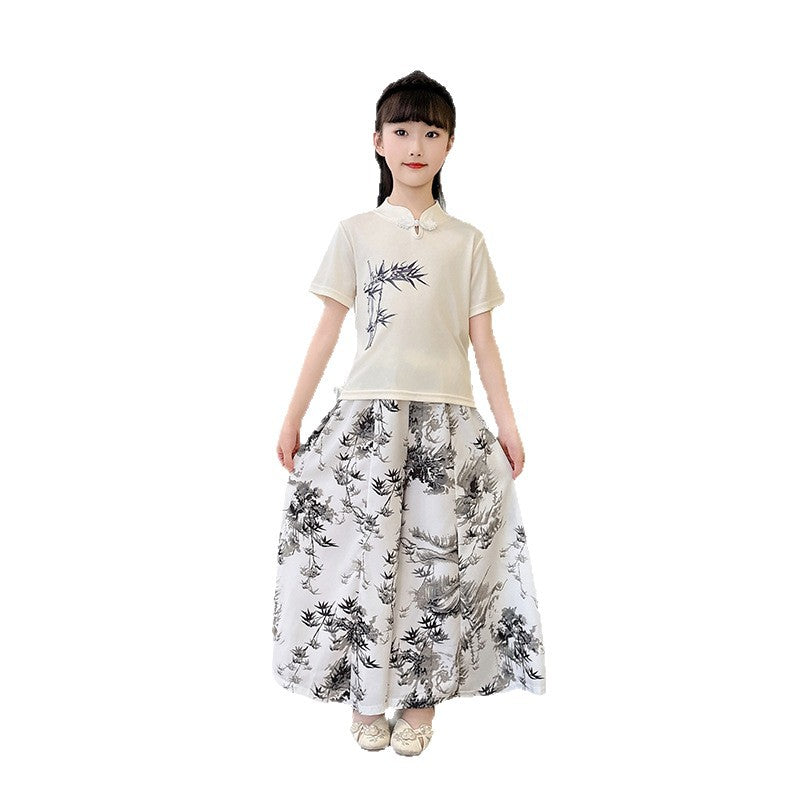 Girls'  new summer outfit set, mid-to-large children's summer clothing, chinese style with a modern twist, chinese-inspired short-sleeve two-piece trendy set