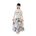 Girls'  new summer outfit set, mid-to-large children's summer clothing, chinese style with a modern twist, chinese-inspired short-sleeve two-piece trendy set