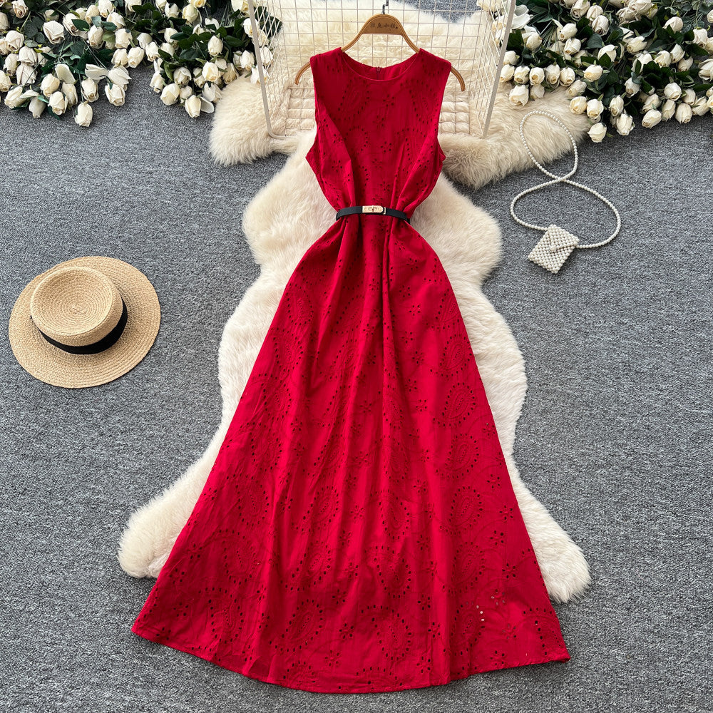 Luxury round neck sleeveless cutout dress - women's summer green a-line maxi dress - high waist, slimming, and figure-flattering - premium quality