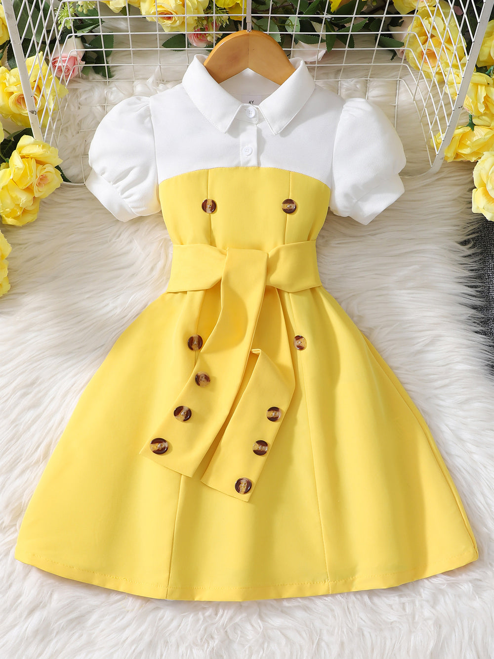 Children's short-sleeved lapel button patchworkcontrast colordress