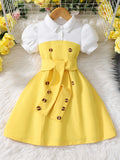Children's short-sleeved lapel button patchworkcontrast colordress